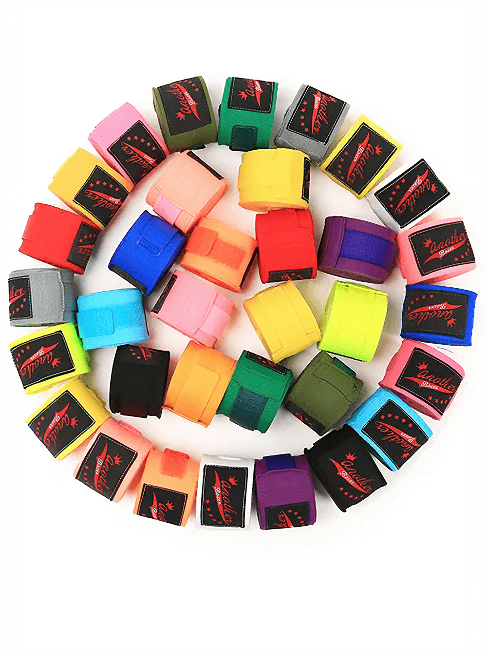 Colorful set of boxing wrist wraps arranged in a circle, perfect for Muay Thai, MMA, and kickboxing training.