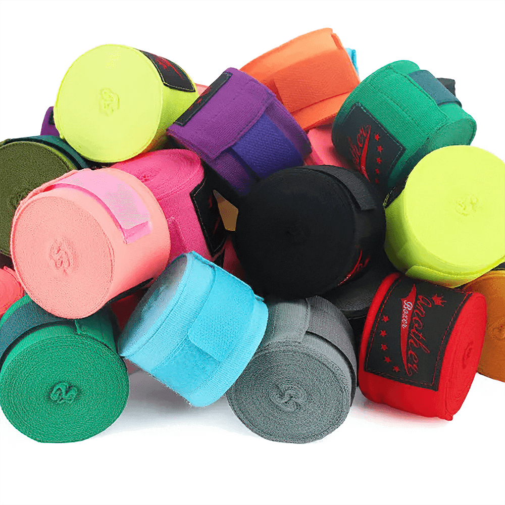 Colorful boxing wrist wraps set for MMA and Muay Thai combat training, providing hand support and joint stabilization during intense workouts.