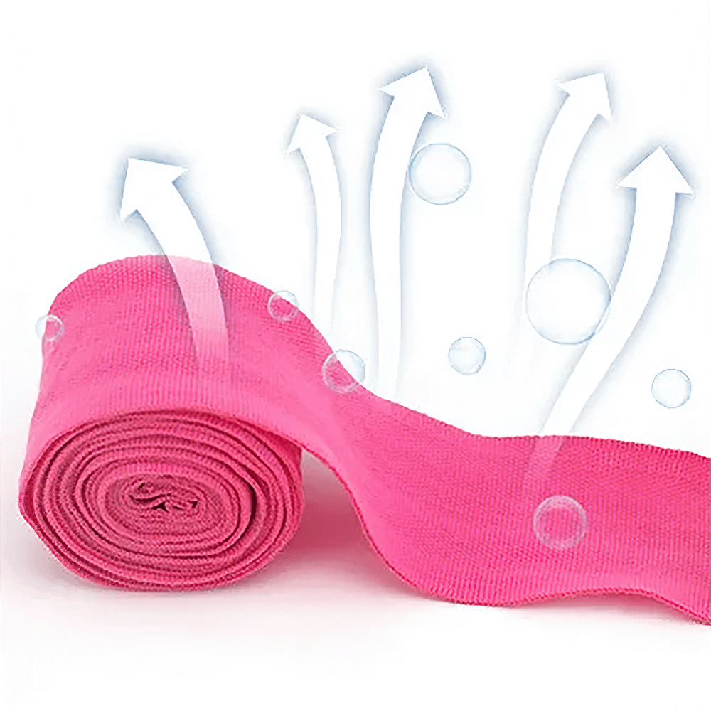 Breathable pink boxing wrist wrap roll with arrows illustrating air flow, ideal for MMA, Muay Thai, and combat training.