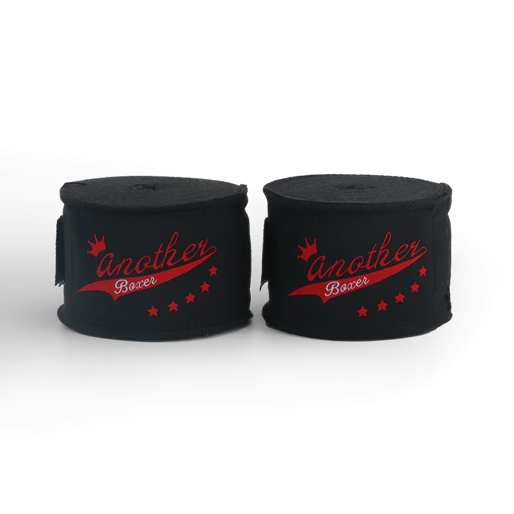 Set of 2 black boxing wrist wraps with red "Another Boxer" logo for Muay Thai and MMA training.