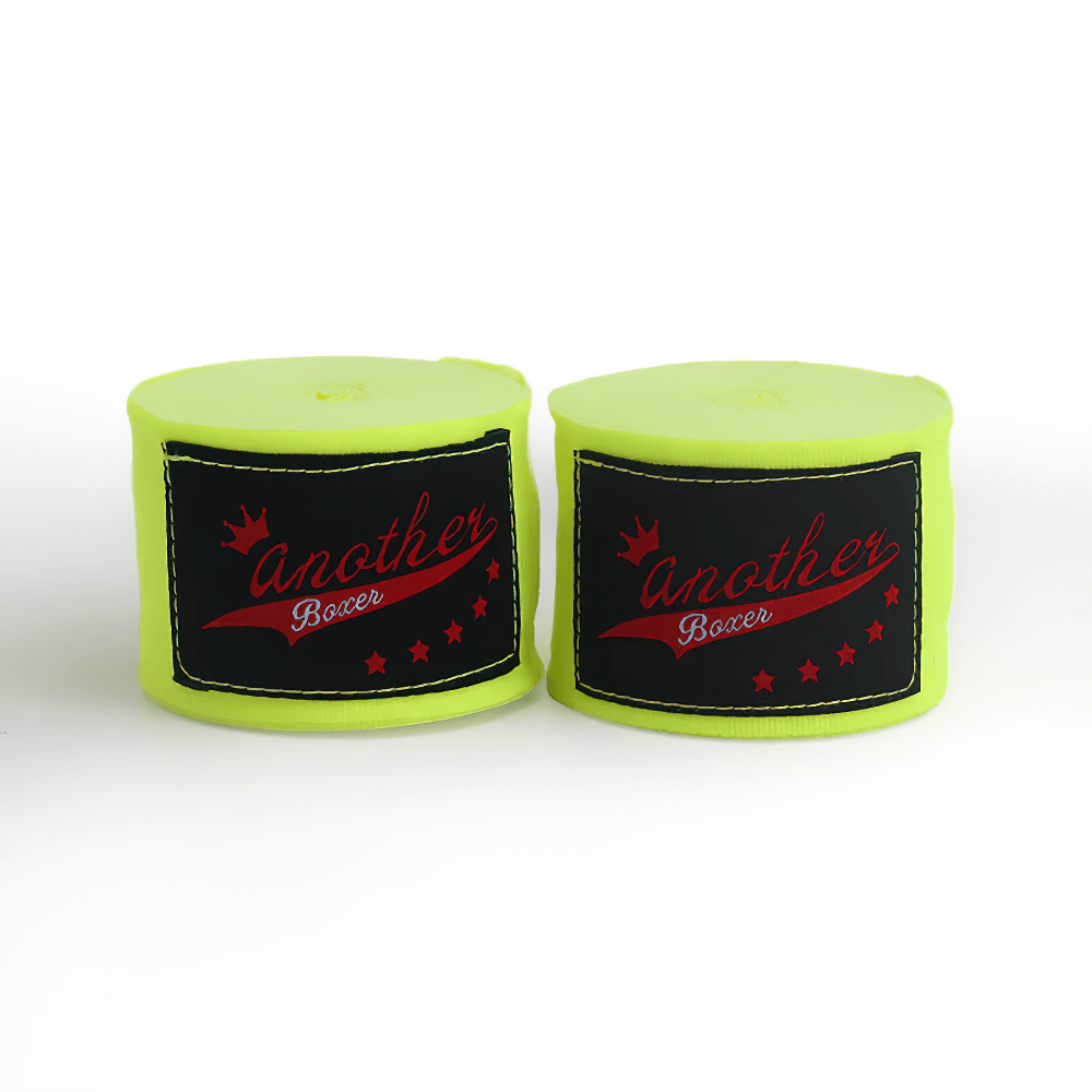 Bright yellow 2pcs boxing wrist wraps with black logo, ideal for Muay Thai, kickboxing, and MMA. Durable 3M hand wraps for joint support.