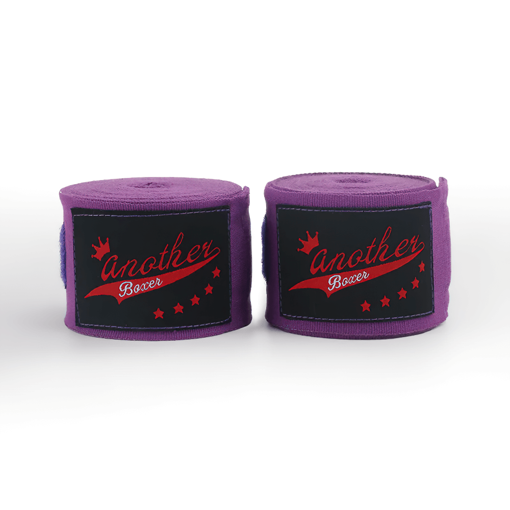 Two purple boxing wrist wraps with 'another Boxer' logo, perfect for Muay Thai, MMA, and kickboxing training, enhancing joint stability.