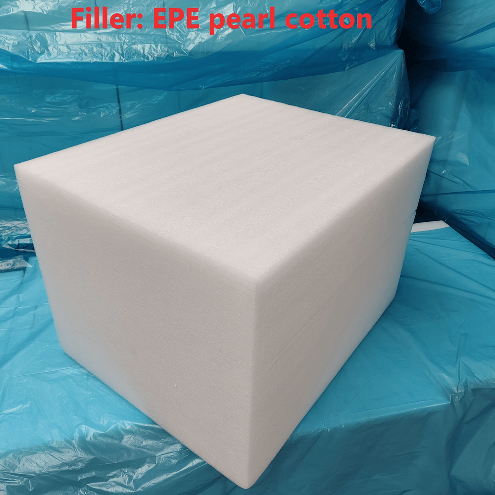 EPE pearl cotton filler block on blue background for packaging and protection