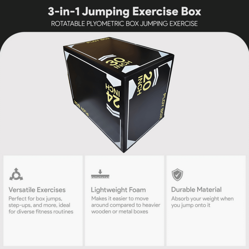 3-in-1 plyometric jump box with adjustable height showcasing 20, 24, and 30 inches, ideal for cardio and strength training workouts.