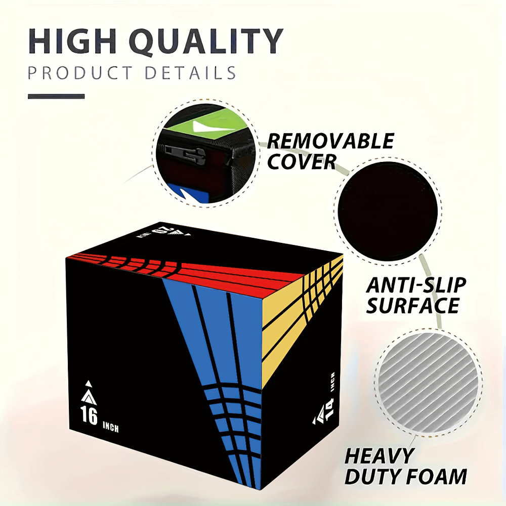 High-quality plyometric jump box with removable cover, anti-slip surface, and heavy-duty foam for strength training.