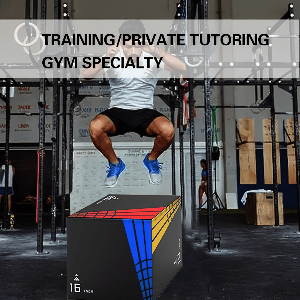 Athlete jumping on 3-in-1 plyometric box for explosive power training in gym.