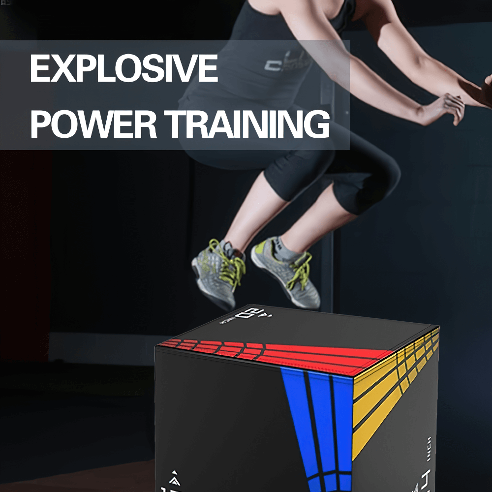 Athlete using 3-in-1 plyometric jump box for explosive power training in gym setting.