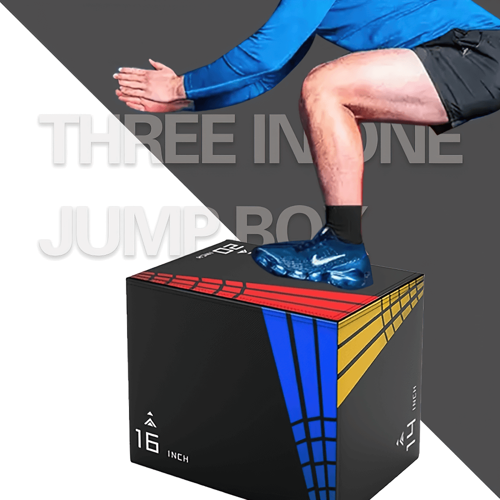 Person using 3-in-1 plyometric jump box for strength training, featuring adjustable heights for explosive power workouts.