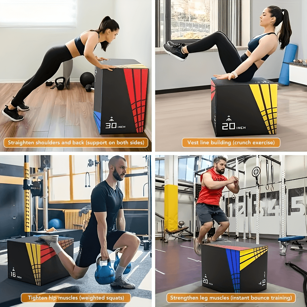 Athletes using 3-in-1 plyometric jump box for strength training with box jumps, crunch exercise, and weighted squats.