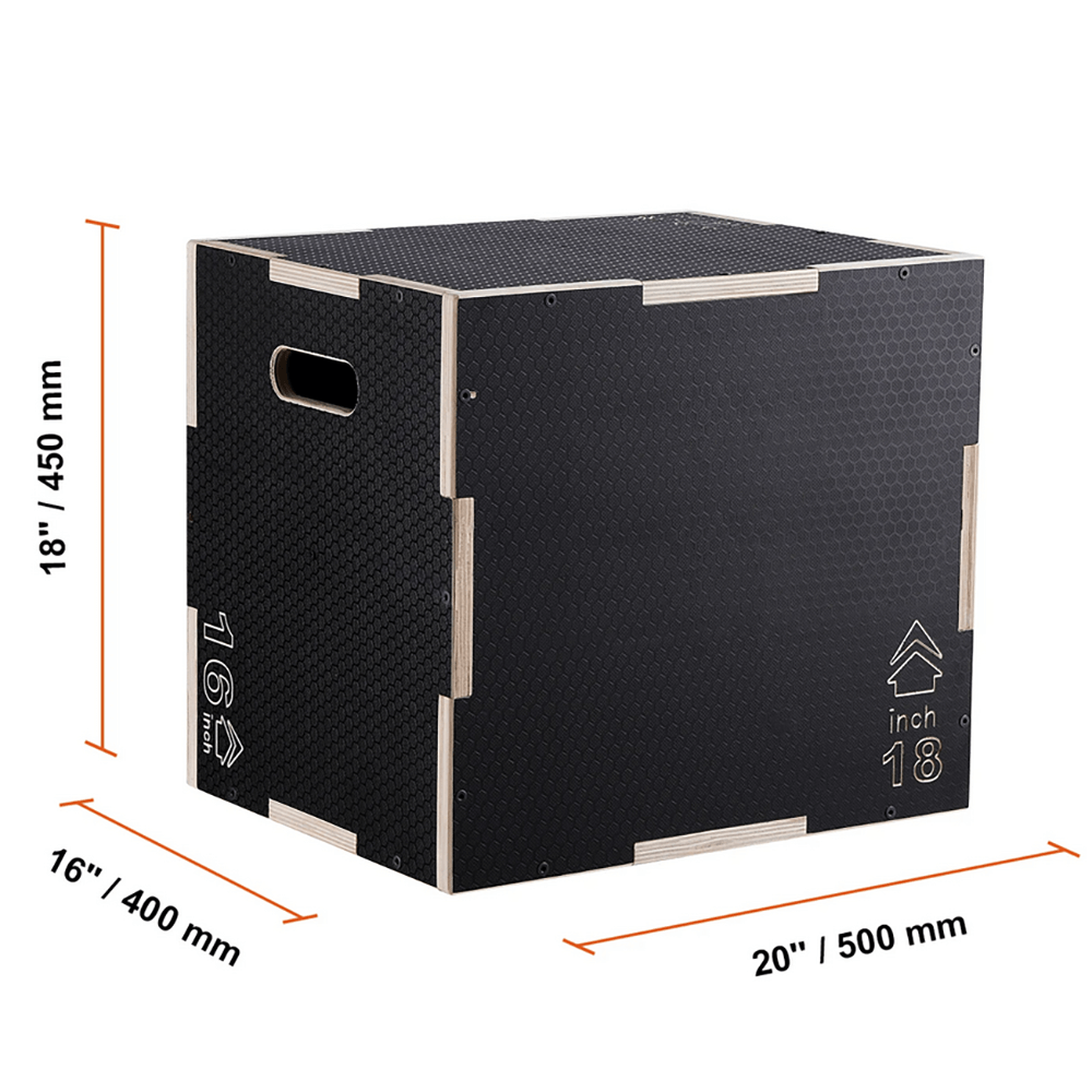 3-in-1 Plyometric Jump Box SF3208 with height dimensions, ideal for home gym strength training and conditioning.