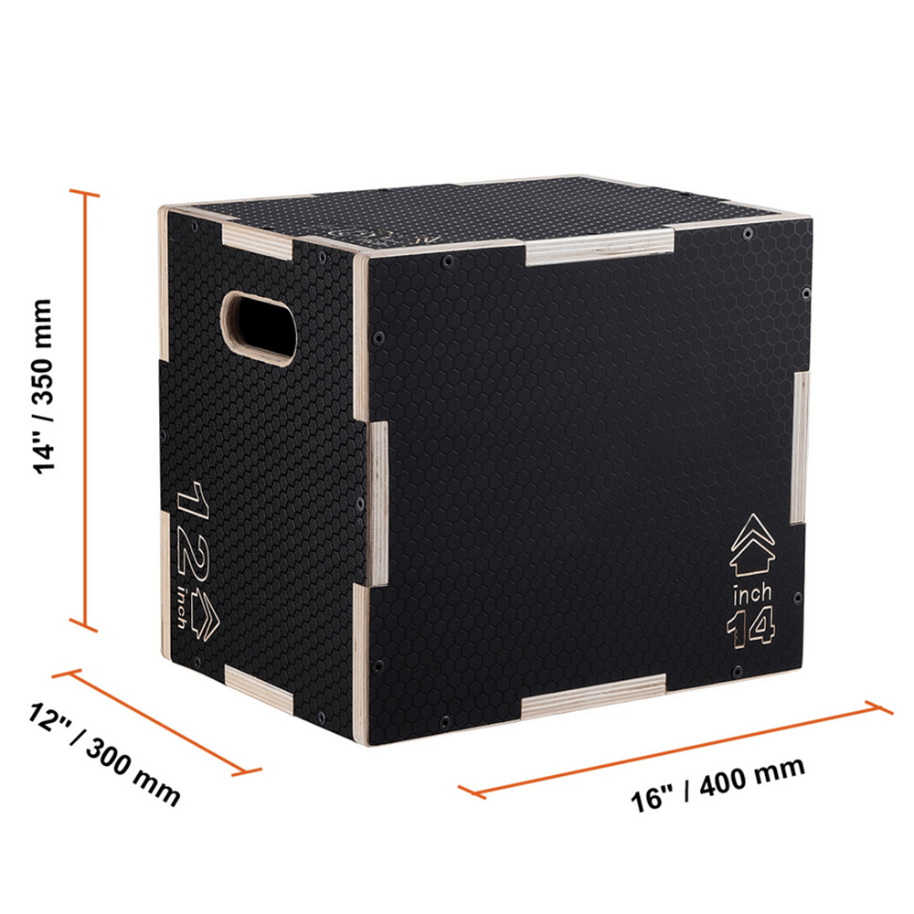 3-in-1 Wooden Plyometric Jump Box with three height settings for strength and conditioning exercises, ideal for home gyms.