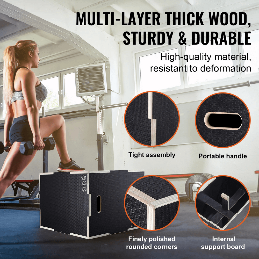 Woman exercising with a multi-layer wooden plyometric jump box for home gym conditioning and strength training, featuring durable design.