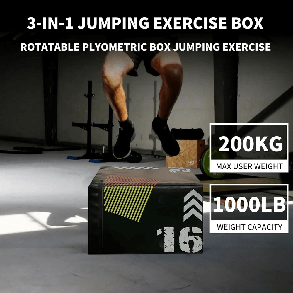 Athlete using 3-in-1 rotatable plyometric box with 200kg weight capacity for jumping exercise in gym setting