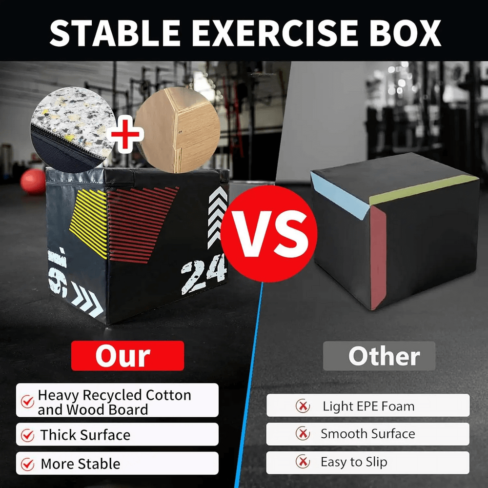 Comparison of SF3205 stable exercise box with heavy cotton and wood vs other light foam box in a gym setting.