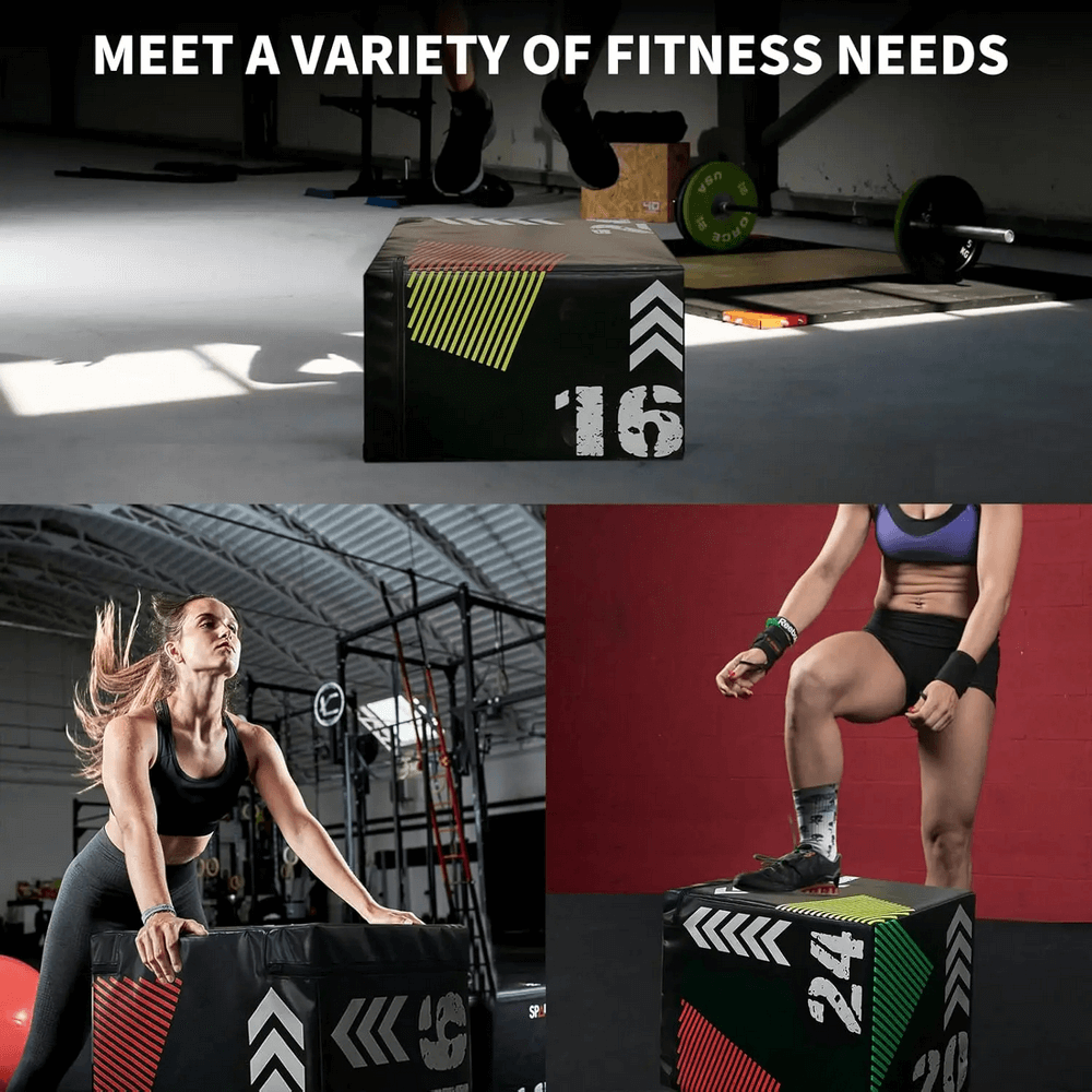 Athletes using 3-in-1 rotatable plyometric box for diverse fitness exercises, highlighting versatility and durability.
