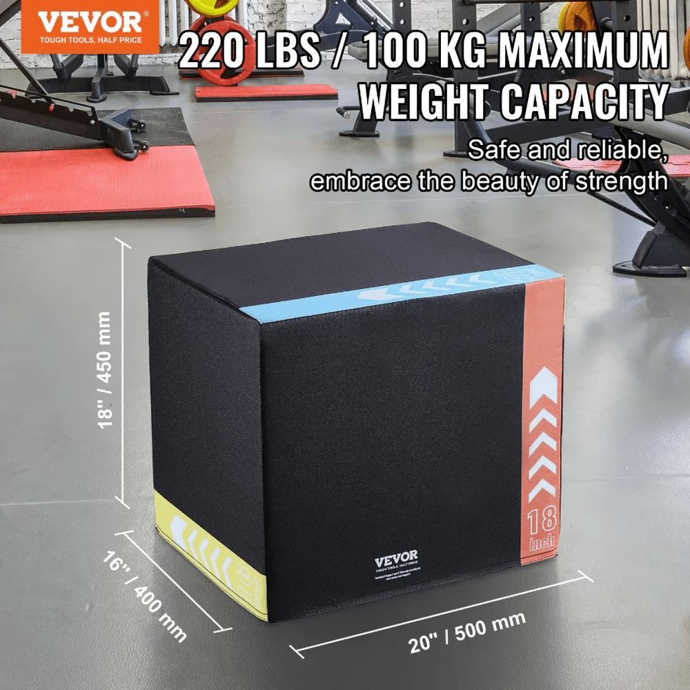 3-in-1 Soft Plyo Box for jump training with color-coded height adjustments, showcasing anti-slip surface and maximum weight capacity.