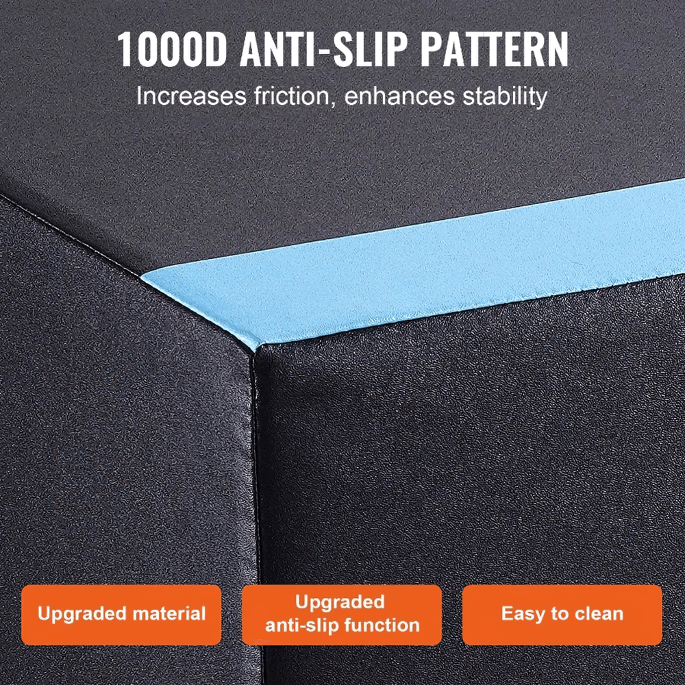 Close-up of 3-in-1 plyo box corner highlighting anti-slip blue PVC cover for stability during workouts.