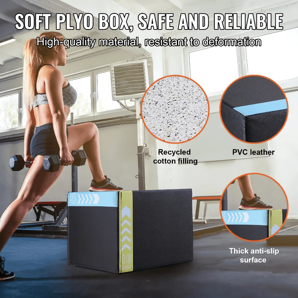 Woman using 3-in-1 soft plyo box for jump training with anti-slip surface and foam core in home gym.