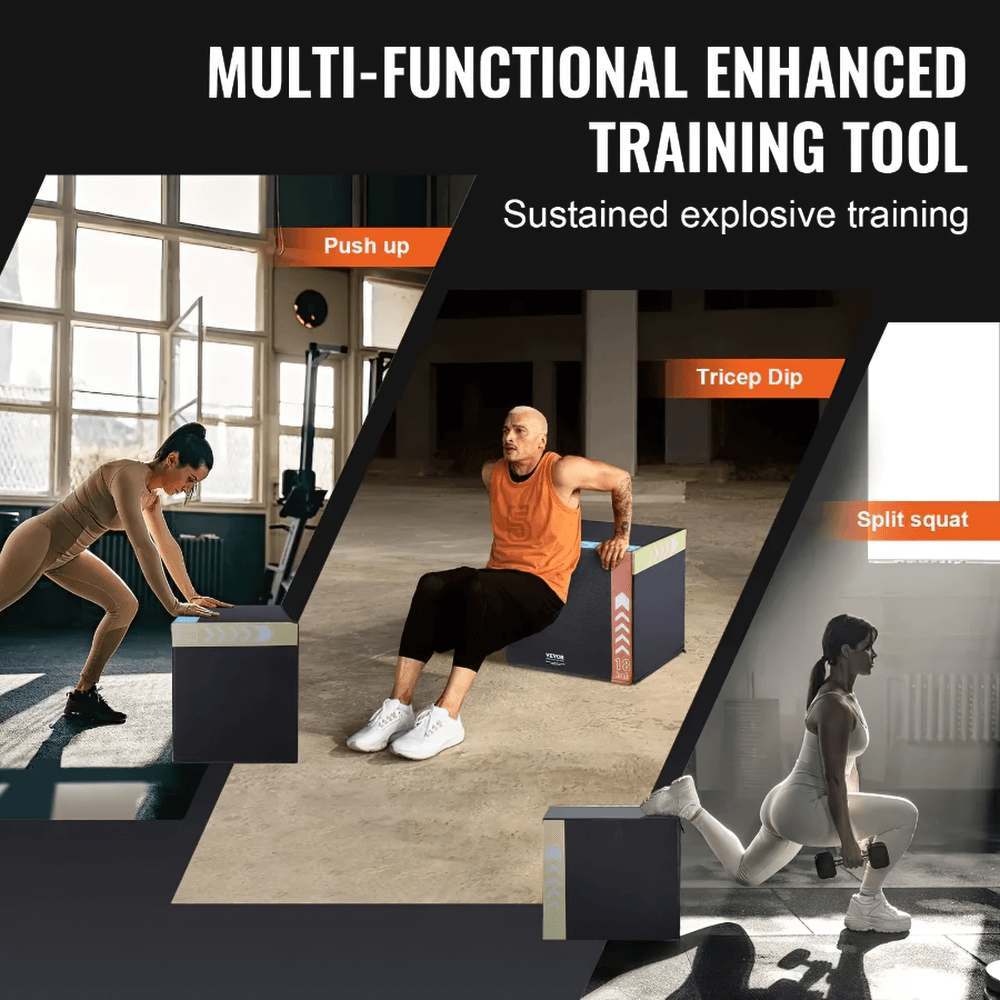 Alt Tag: 3-in-1 soft plyo box used for push-ups, tricep dips, and split squats in a multi-functional enhanced training tool scene.