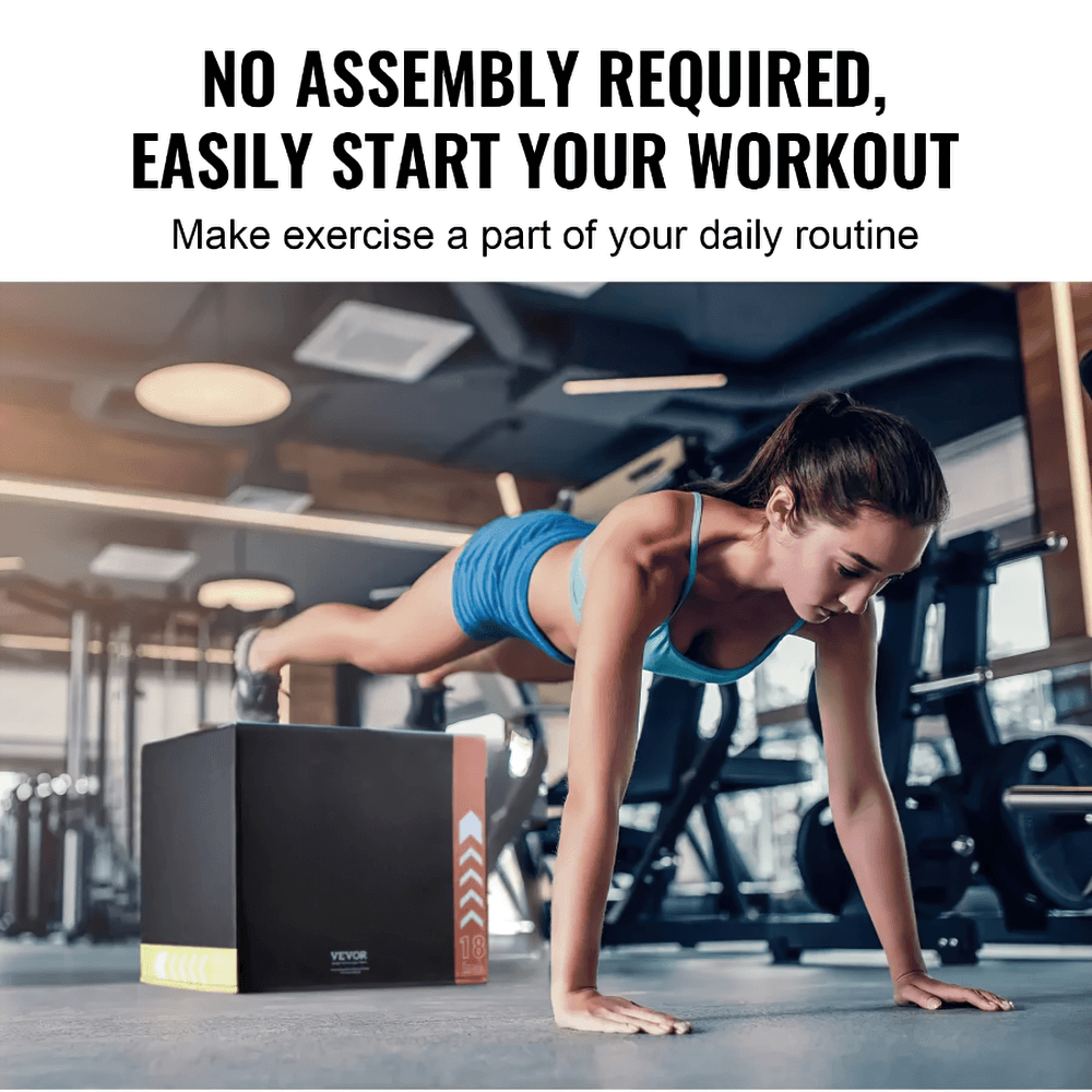 Woman exercising on a 3-in-1 Soft Plyo Box for versatile home workouts with no assembly required.