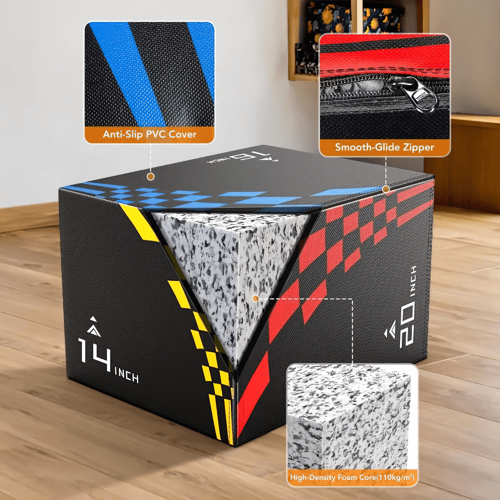 3-in-1 soft plyometric jump box with anti-slip PVC, smooth-glide zipper, and high-density foam core on a wooden floor.