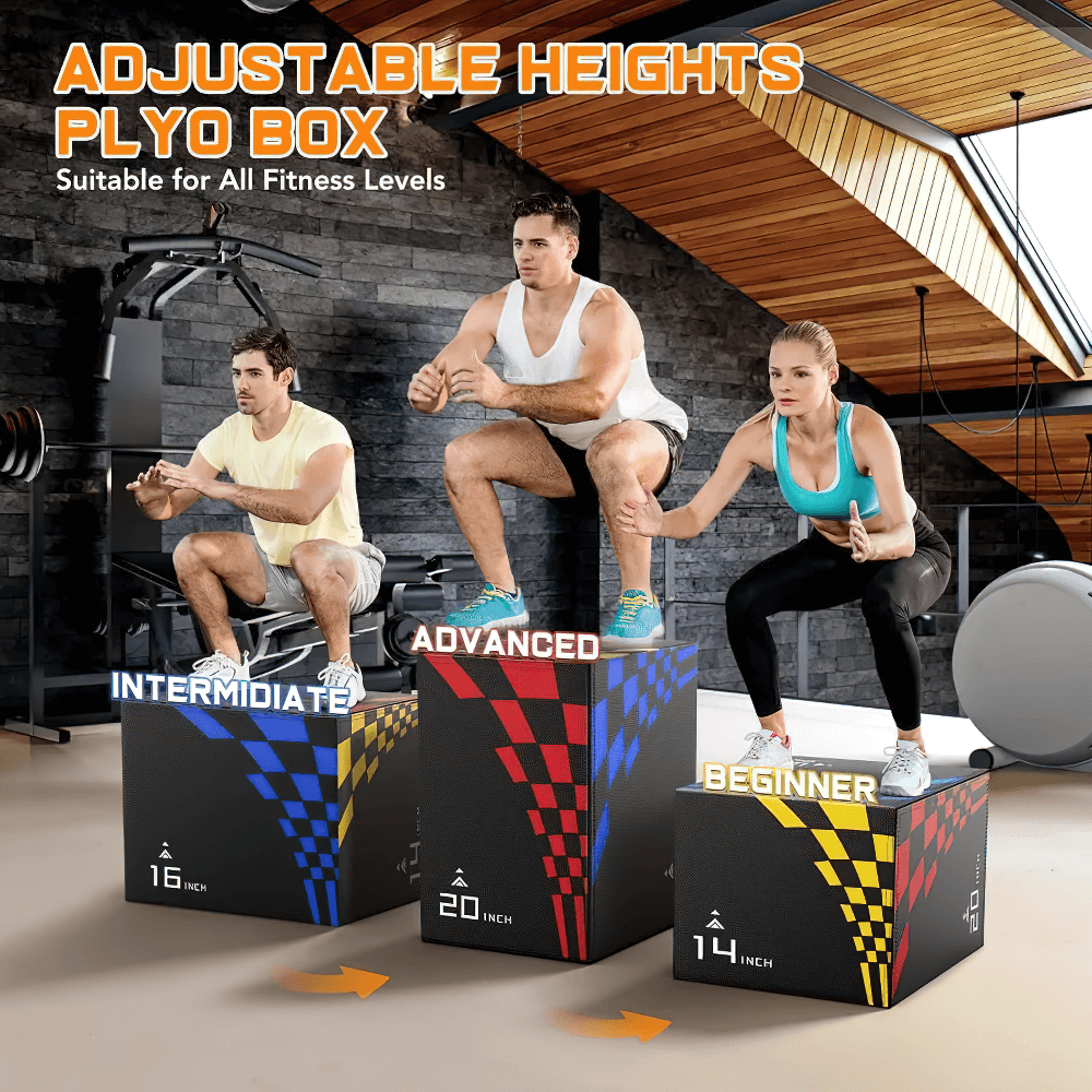 Three people exercising on adjustable height foam plyo boxes with 20, 16, and 14-inch options in a gym setting. Ideal for workouts.