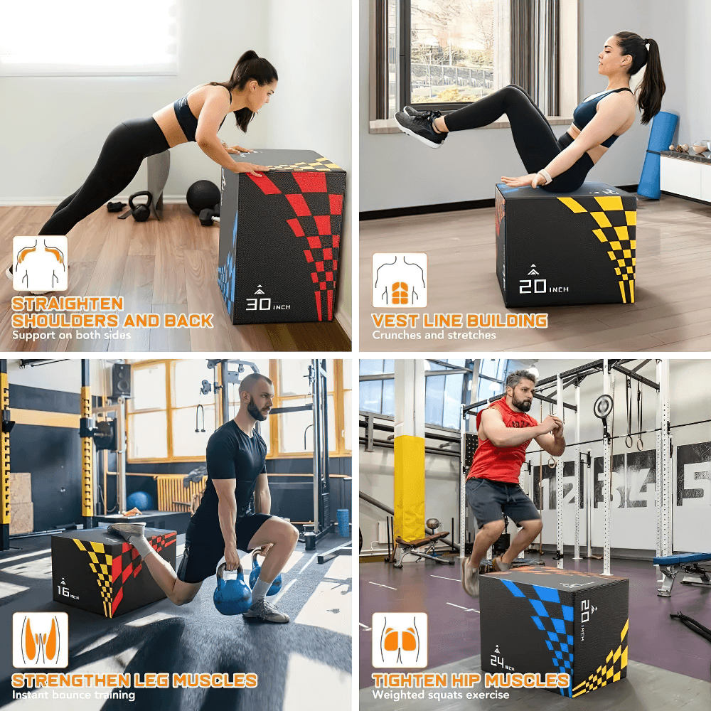 Four athletes using a multi-size plyometric jump box for diverse exercises, enhancing agility and strength in a gym and home setting.