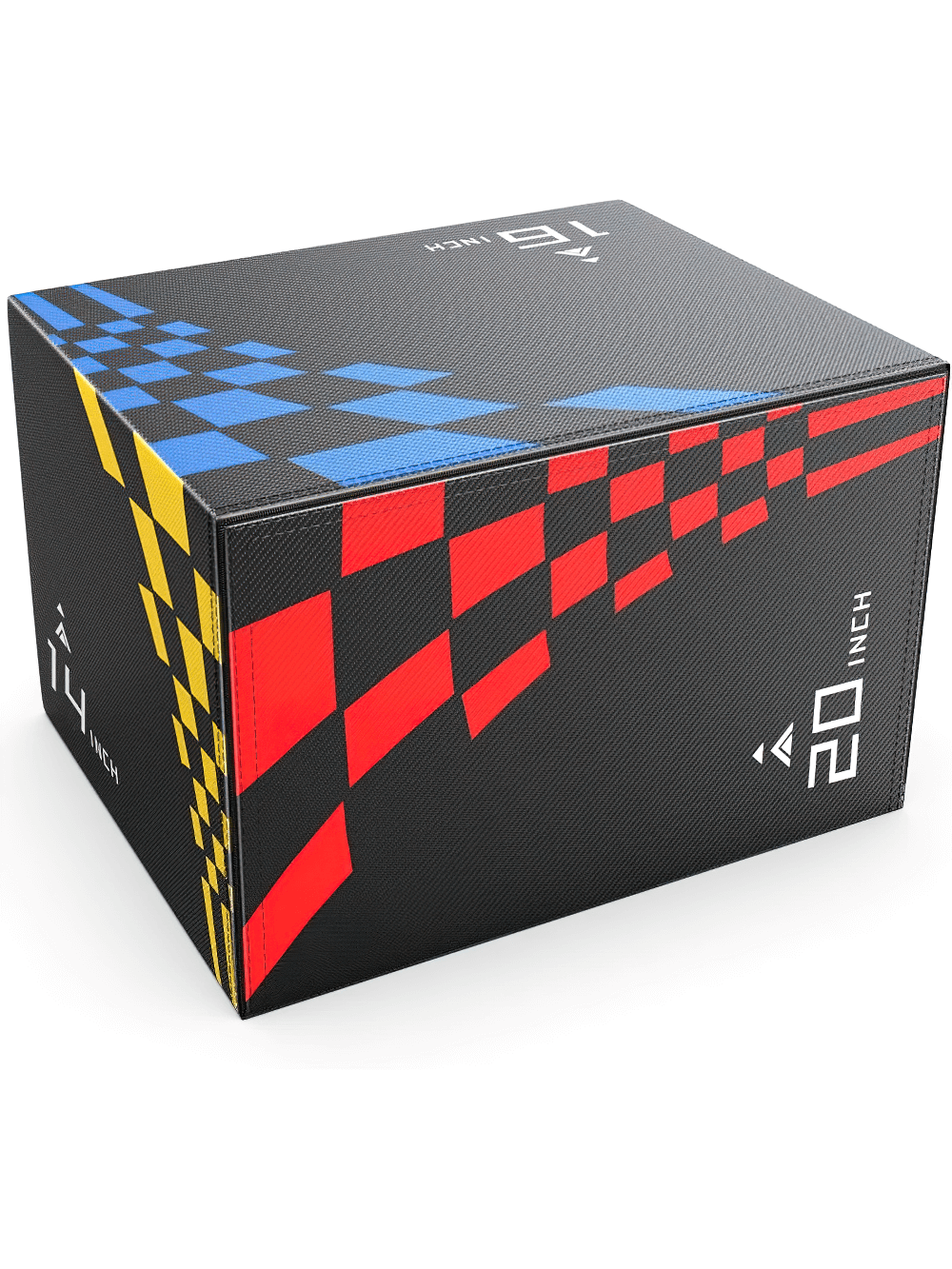 Colorful 3-in-1 foam plyometric jump box with red, blue, and yellow checkered design, ideal for versatile home and gym workouts.