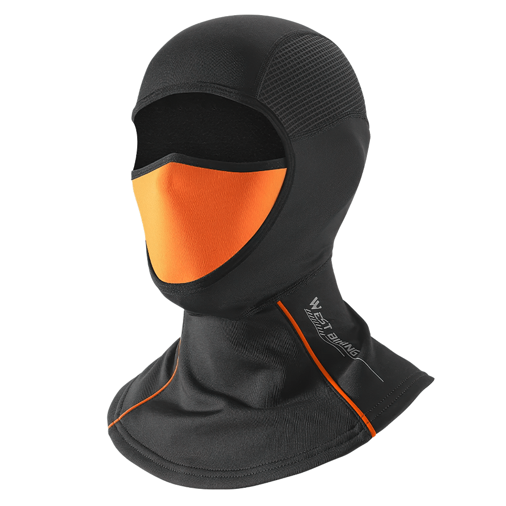 3-in-1 thermal balaclava with face mask and scarf, black with orange highlights, offers windproof and breathable winter protection - SF2505