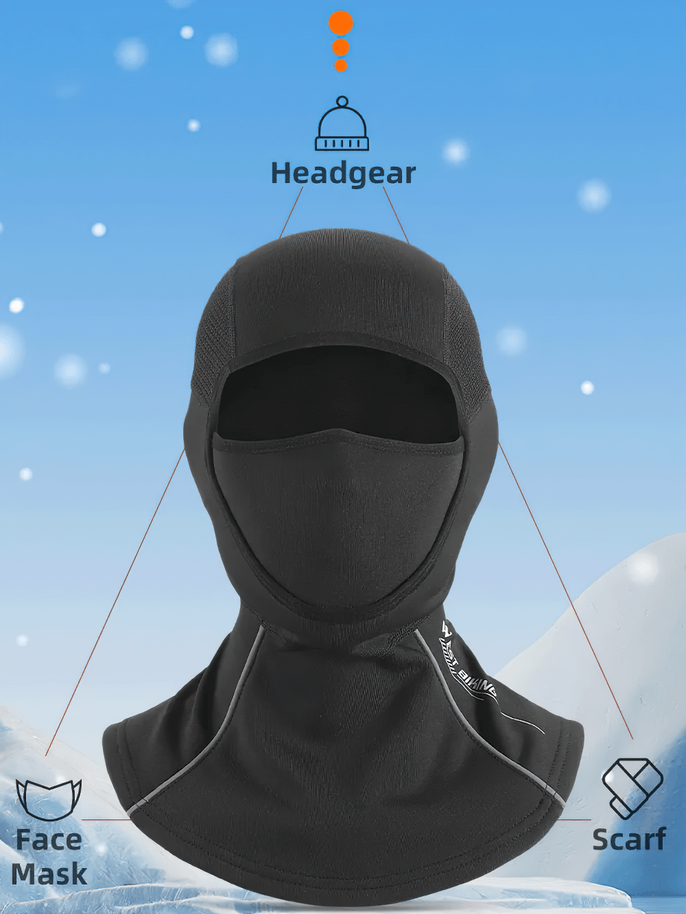 3-in-1 black thermal balaclava with face mask and scarf, featuring windproof design and extended neck protection for winter sports.