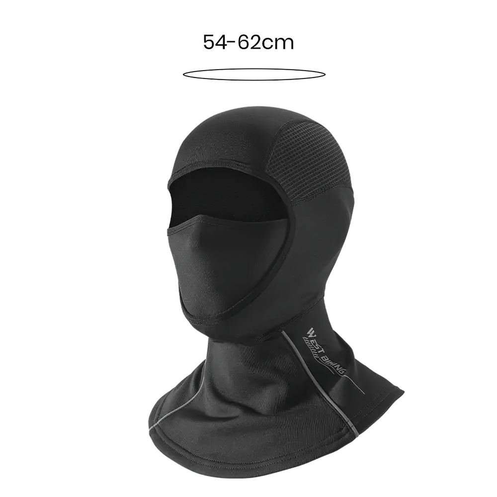 Windproof 3-in-1 thermal balaclava with face mask, scarf, and extended neck protection in black. Size: 54-62cm.