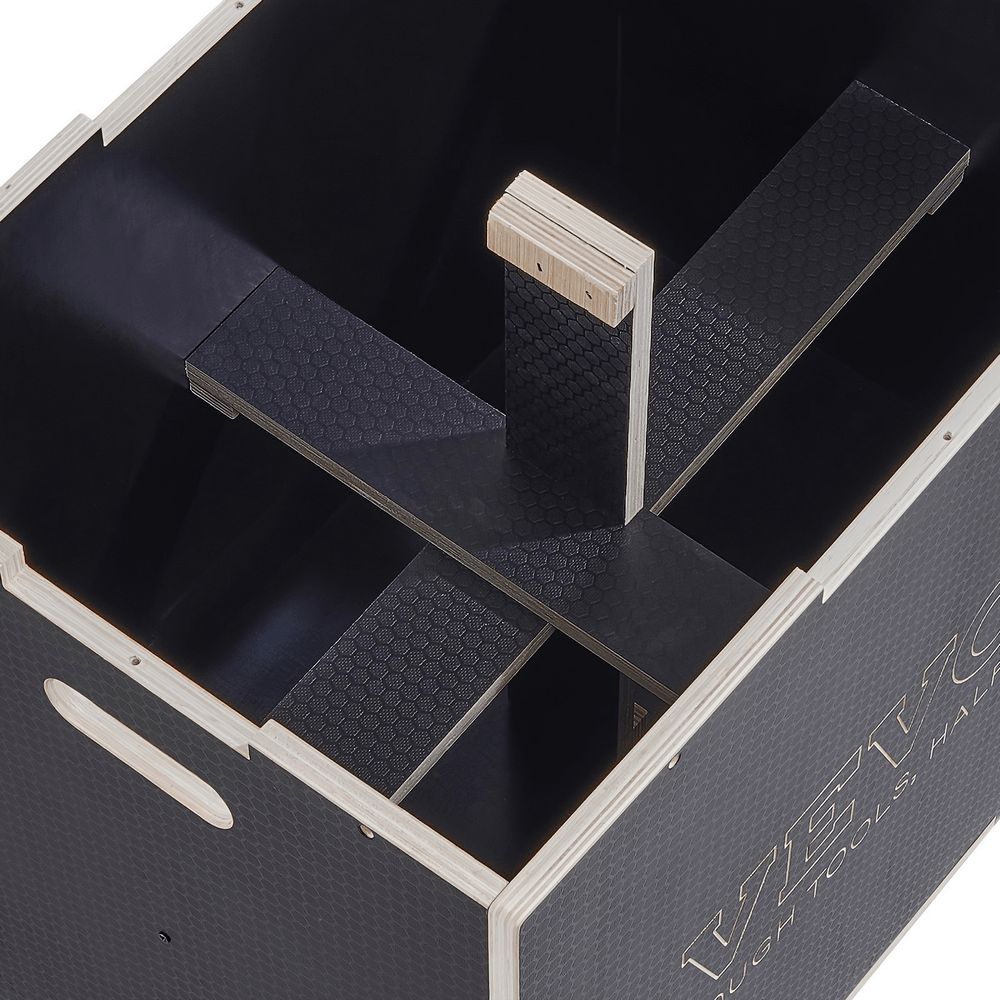 Inside view of 3-in-1 Wooden Plyometric Box SF2788 with anti-slip surface, showing sturdy construction for strength training.