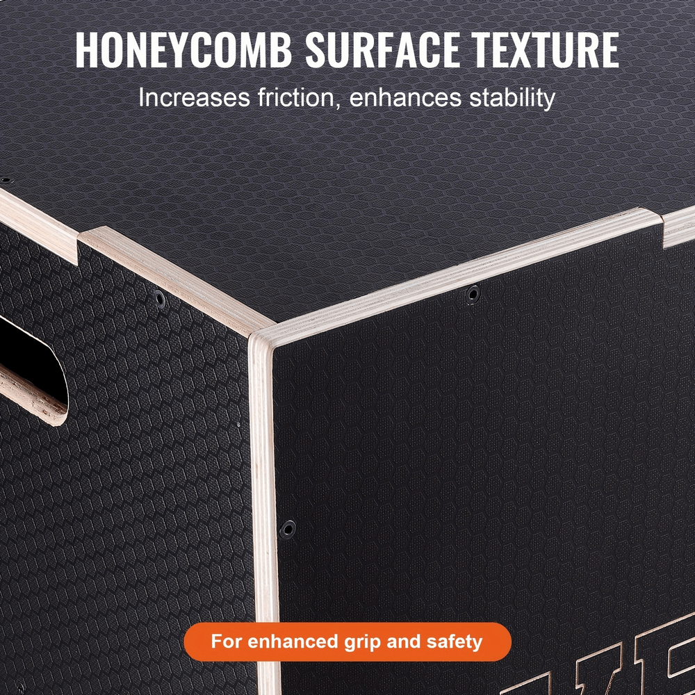 Close-up of 3-in-1 wooden plyometric box with honeycomb surface texture highlighting enhanced grip and stability for safe workouts.