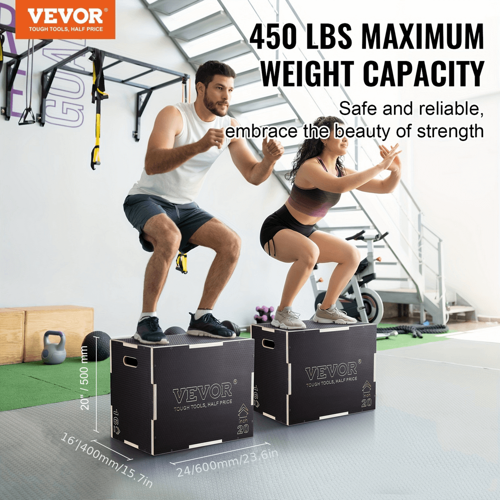 Two people performing box jumps on VEVOR plyometric boxes in a gym, showcasing 450 lbs weight capacity for strength training.