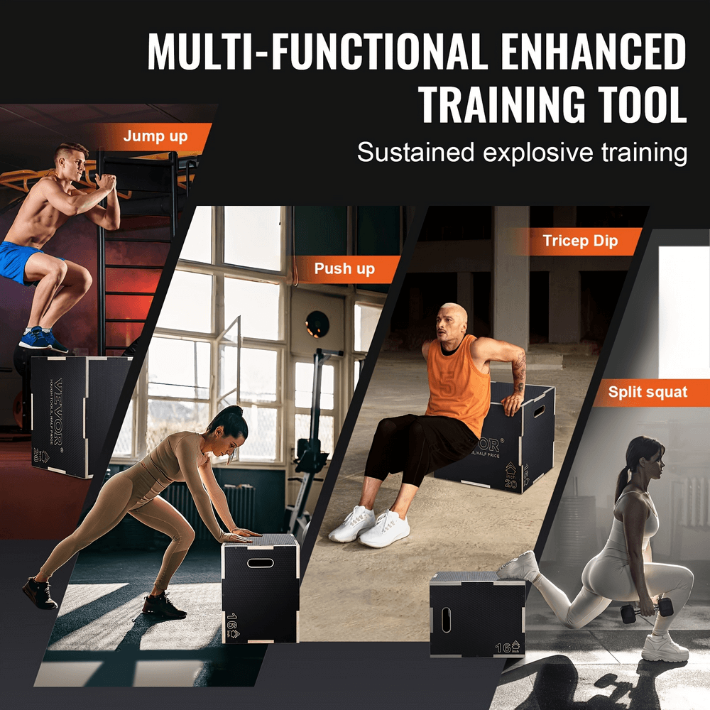 Multi-functional plyometric box for jump, pushup, tricep dip, and split squat exercises, ideal for strength and cardio training.