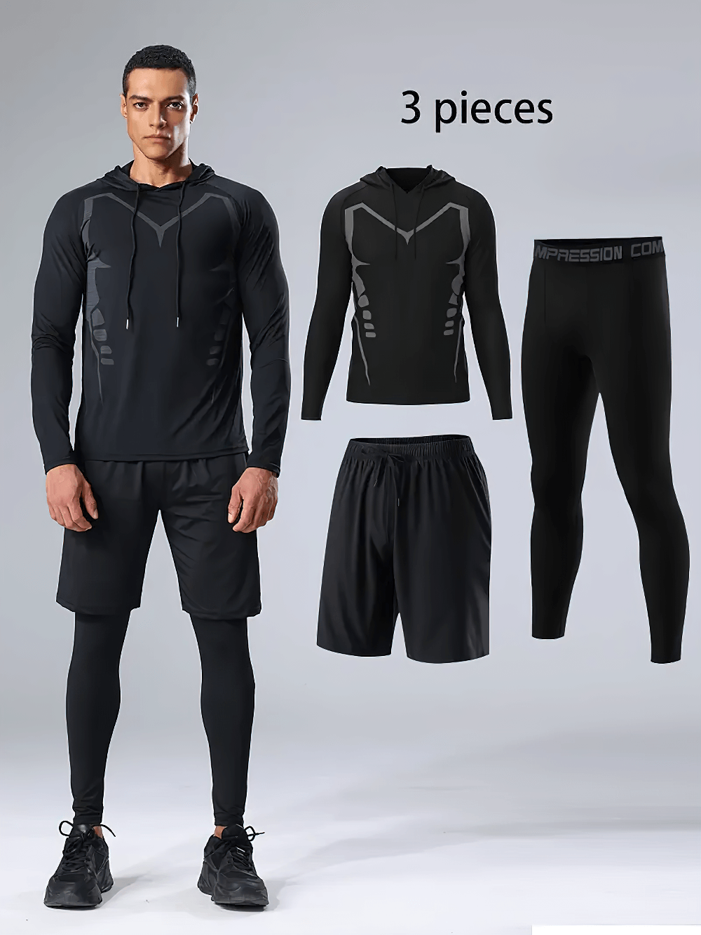 Men's 3-piece sports hooded workout set SF2622 with hoodie, shorts, and tights in black for training and casual wear.