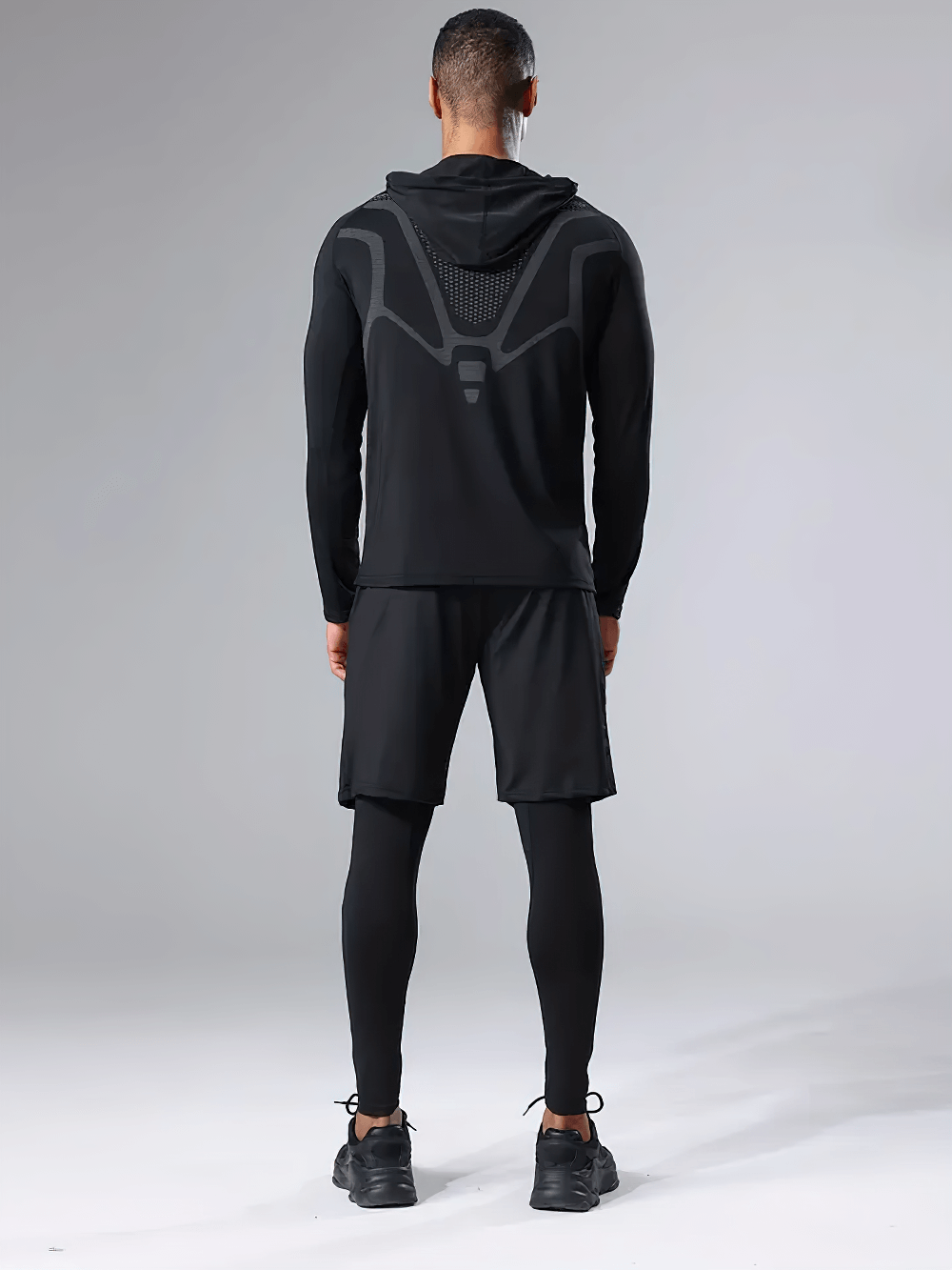 Men's 3-piece sports hooded workout set, including hoodie, shorts, and tights, designed for training and casual wear.