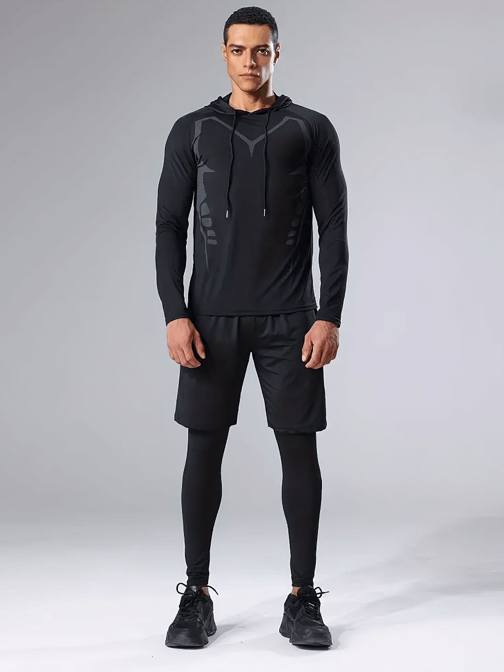 Men's 3-Piece Sports Hooded Workout Set SF2622, featuring hoodie, shorts, and tights; perfect for training or casual wear.