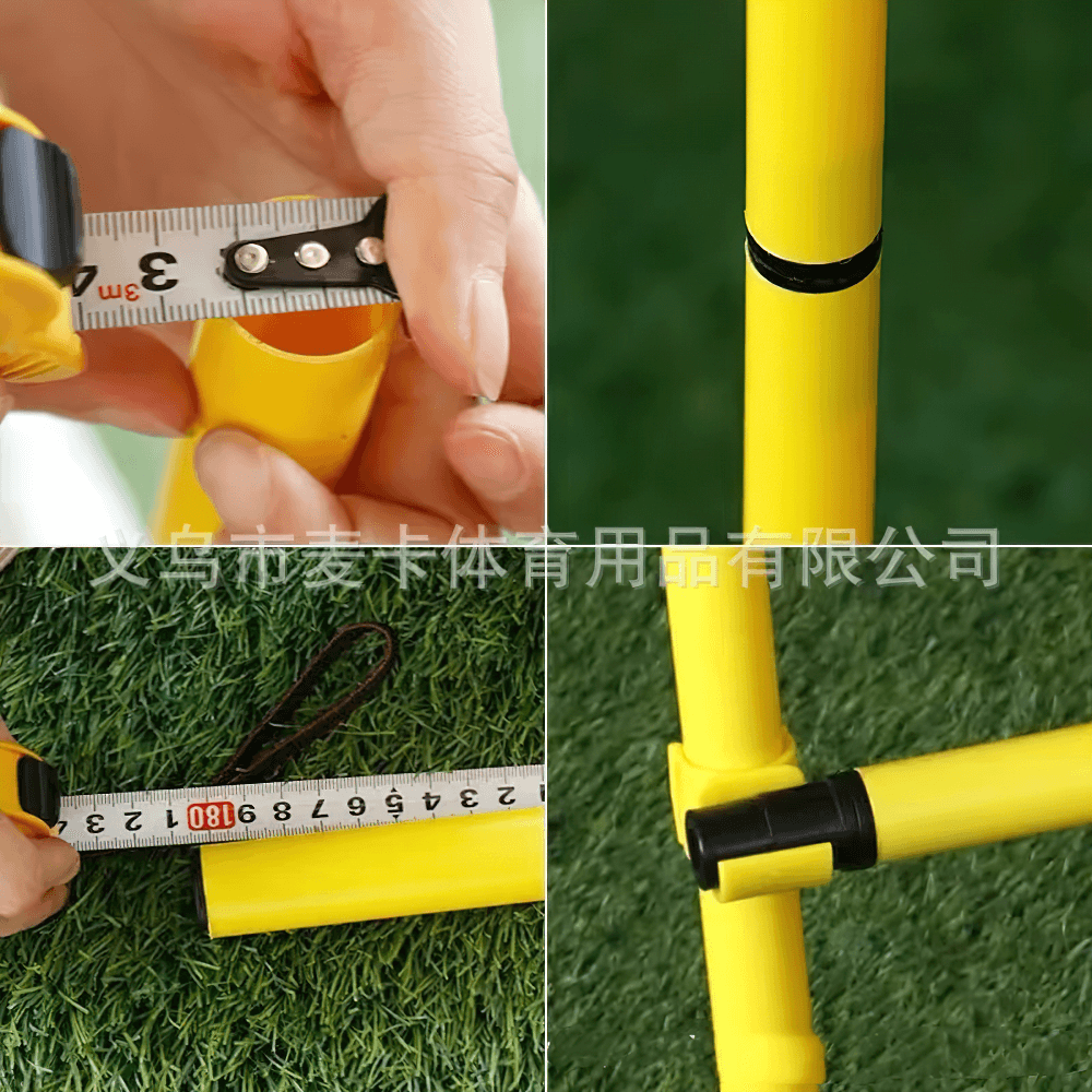 3-section foldable agility pole set with measuring tape, demonstrating setup and connection details on artificial grass.