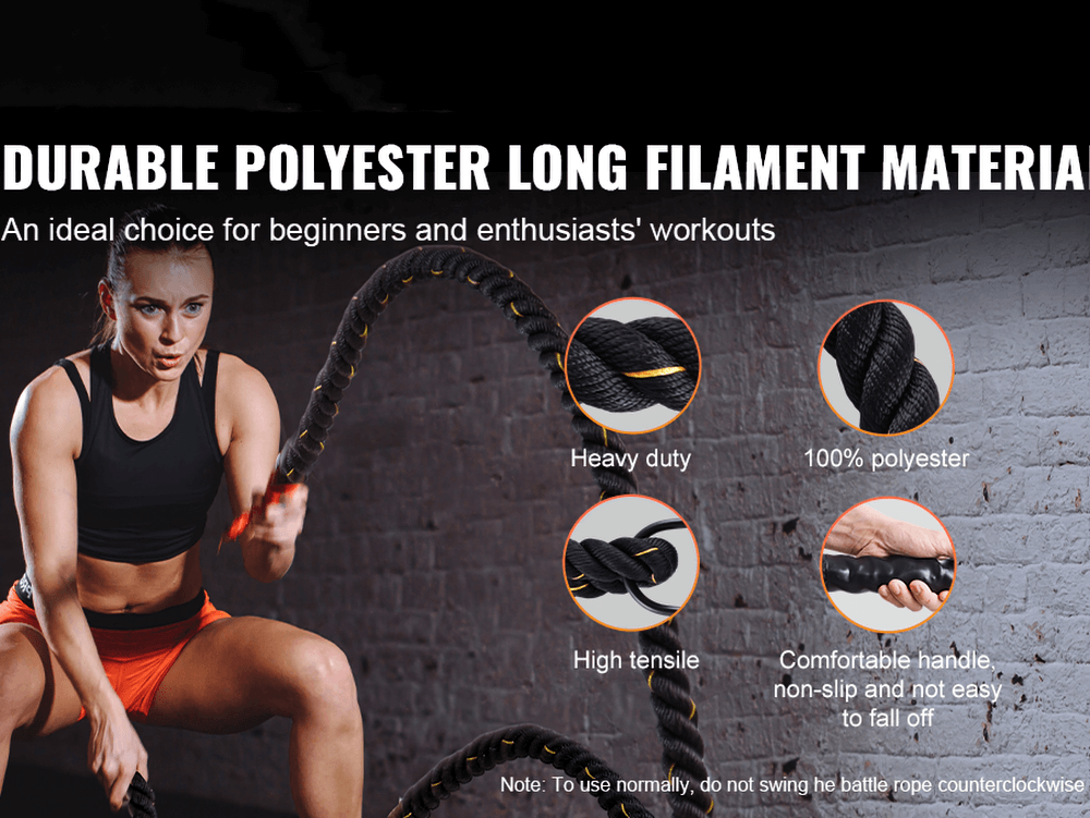 Woman using 30 ft Heavy Weighted Battle Training Rope - SF3493 for cardio and strength.