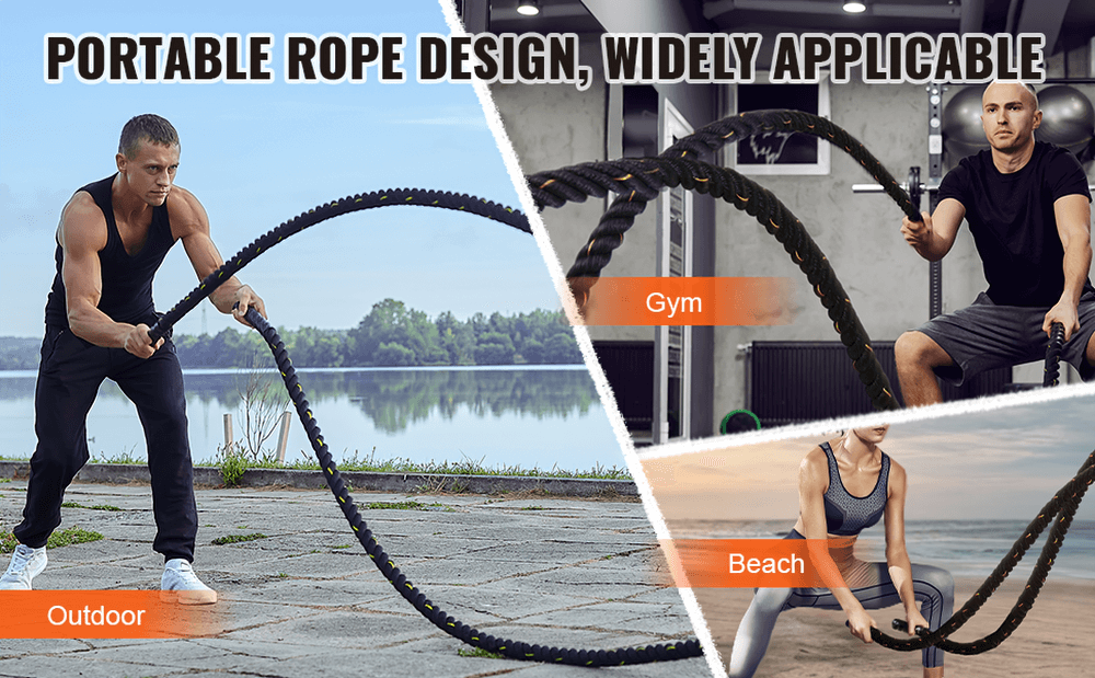 Fitness enthusiasts using 30 ft Heavy Weighted Battle Training Rope - SF3493 for outdoor, gym, and beach workouts.