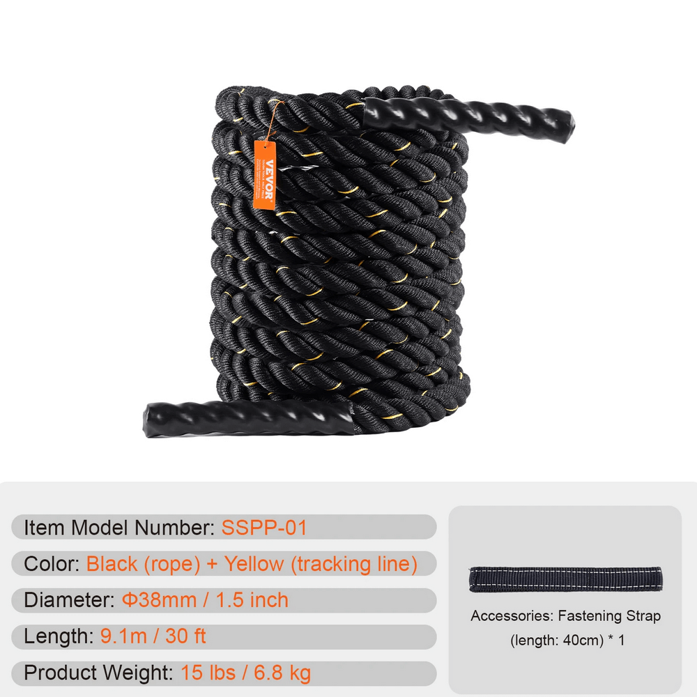 30 ft Heavy Weighted Battle Training Rope - SF3493 with protective sleeves and fastening strap for strength and cardio workouts.