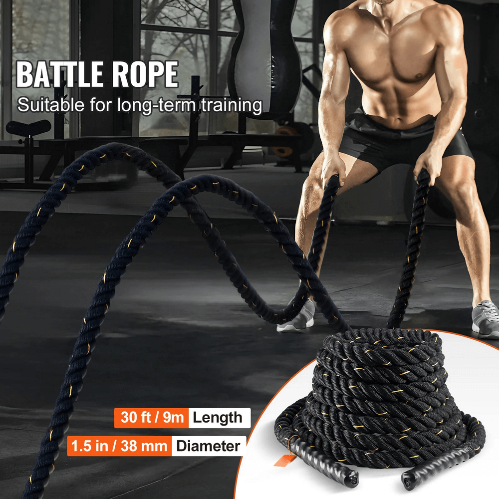 Man using 30 ft Heavy Weighted Battle Training Rope - SF3493 in gym for strength and cardio, showing rope coiled with dimensions.