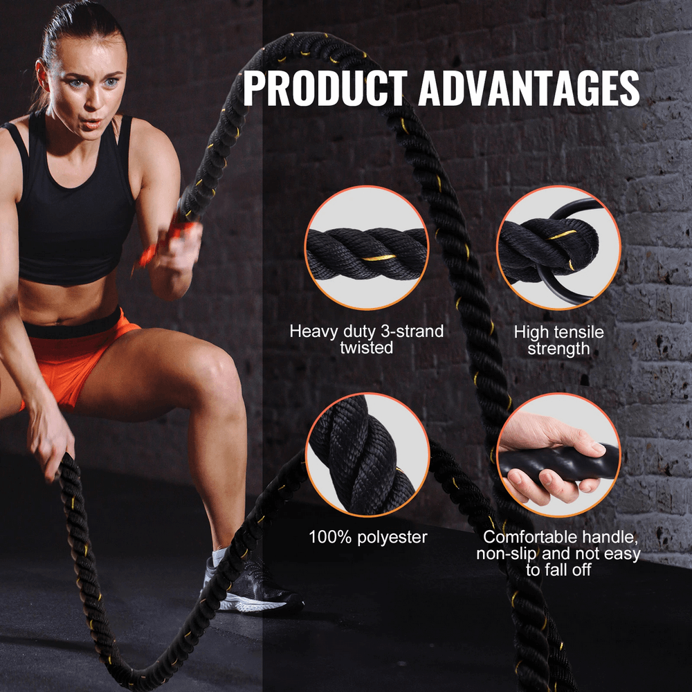 Woman using 30 ft Heavy Weighted Battle Training Rope - SF3493 for a workout with close-ups of rope features and comfortable grip.