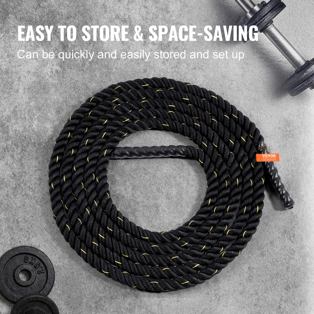30 ft Heavy Weighted Battle Training Rope - SF3493 coiled with weights and dumbbell, ideal for strength and cardio workouts.
