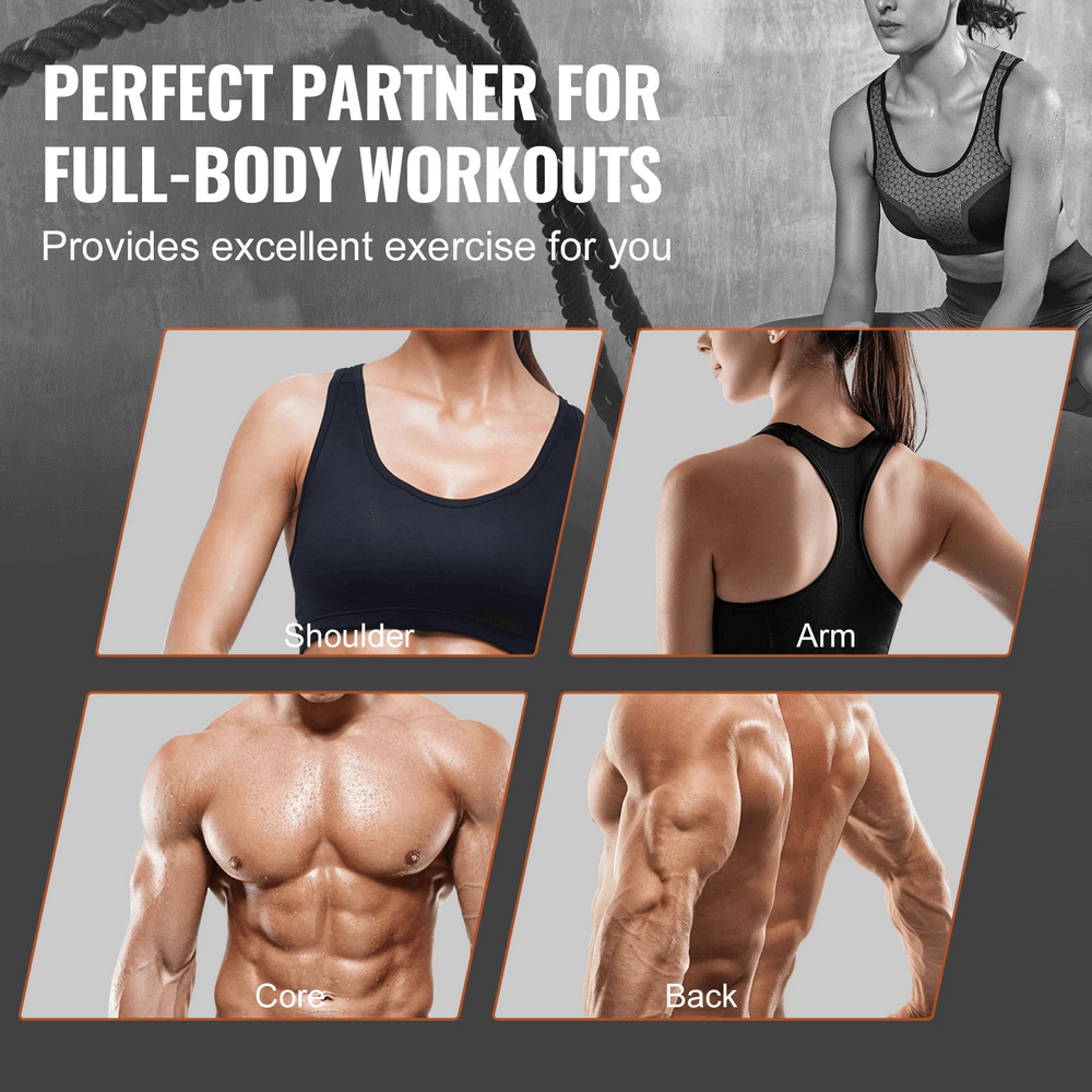 Full-body workout with focus on shoulders, arms, core, and back using 30 ft Heavy Weighted Battle Training Rope - SF3493.