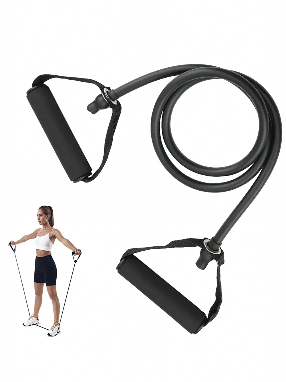 Woman using 30lb Resistance Exercise Strap with Handles - SF3429 for strength training, showcasing foam grip handles and portable design.