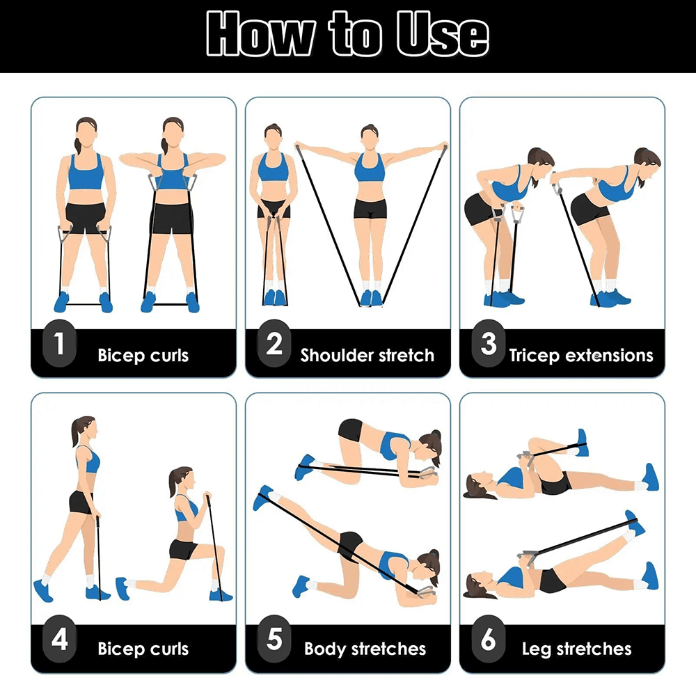 Illustration showing exercises with 30lb Resistance Exercise Strap with Handles - SF3429 including curls, stretches, and extensions.