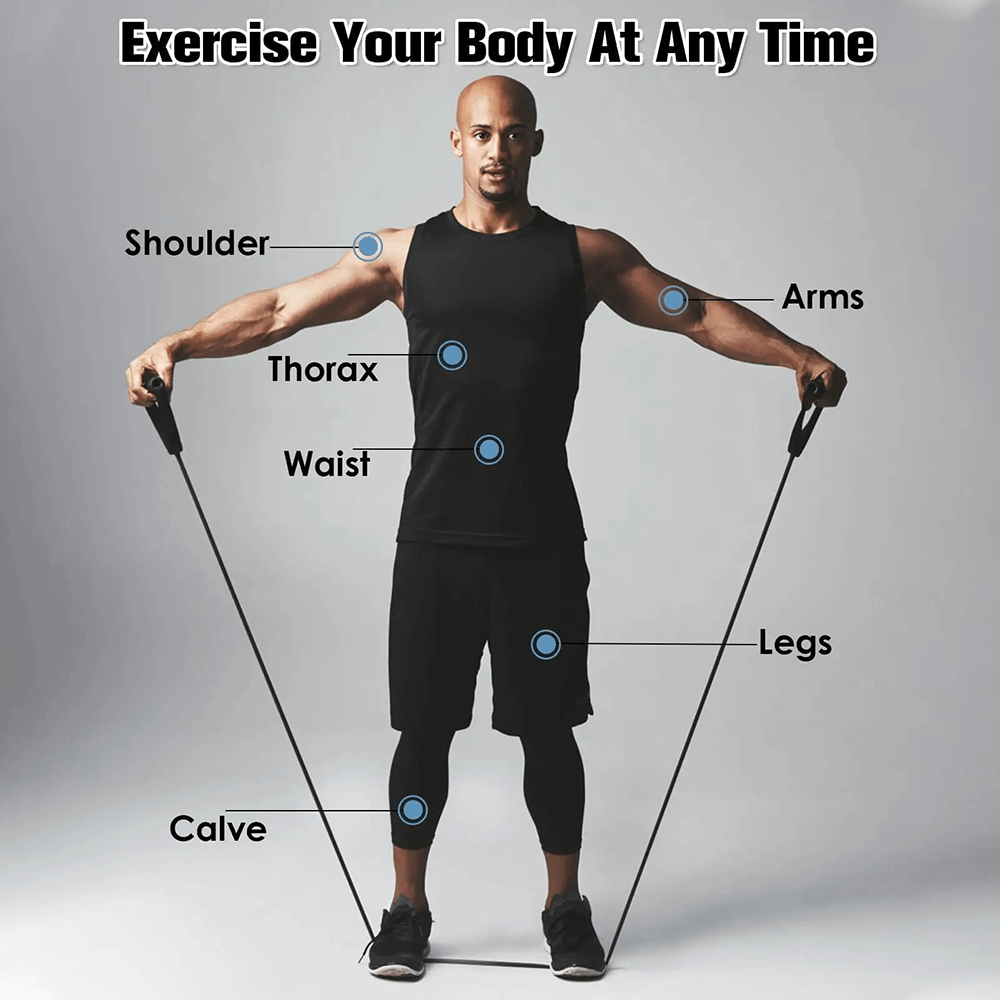 Man using 30lb Resistance Exercise Strap with Handles - SF3429 for a full body workout, showcasing targeted muscles.