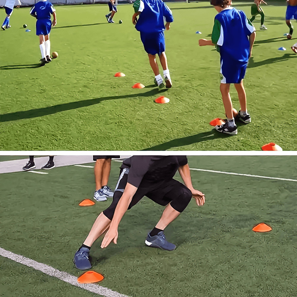 Kids and adults using SF2751 agility cones for sports training on a green field, perfect for soccer and agility drills. Includes carry bag.